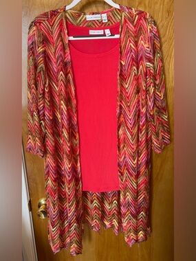 Susan Graver ‘coral’ chevron novelty knit cardigan and liquid knit tank set XL